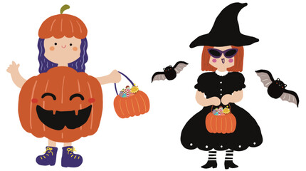 Halloween cute spooky charater costumes vector - vampire, ghost, witch, pumpkins, frankenstein