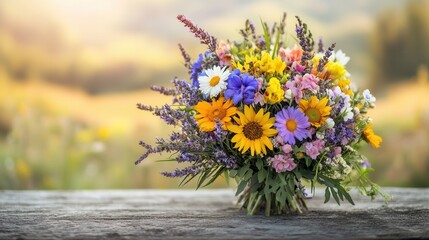 Poster - A stunning arrangement of wildflowers, including daisies and sunflowers, captures the essence of nature in a rustic setting. Generative AI