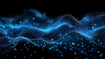 Wall Mural - Abstract blue digital wave with glowing particles on a black background.