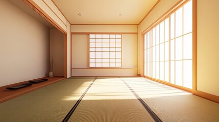 Wall Mural - Minimalist Japanese Room with Tatami Mat Floor and Sunlight