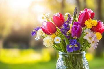 Canvas Print - A colorful bouquet of tulips, irises, and daisies brightens a clear jar while sunlight filters through the garden, creating a cheerful atmosphere. Generative AI