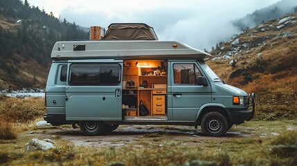 Wall Mural - Van life adventures a wellequipped camper van parked in a scenic location surrounded by nature and minimalistic gear
