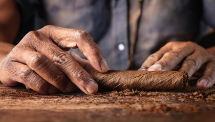 A weathered hand carefully rolls a cigar