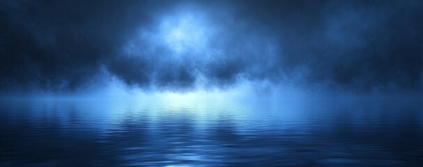 dark blue water surface with fog and light reflection in the distance.
