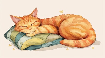 Illustrate a charming cat snuggled up next to a pile of soft pillows, with a peaceful expression and its tail wrapped around itself.