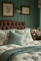 Poster - A cozy bedroom with a tufted headboard and floral bedding.