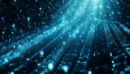 Poster - Abstract blue digital background with glowing particles and light streaks.
