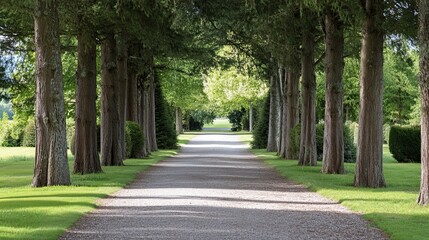 Sticker - A Gravel Path Lined with Tall Trees in a Lush Green Park