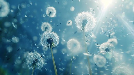 07250736 191. Dandelion seeds gently blowing across a bright blue summer sky, illuminated by warm sunlight; the delicate seeds float gracefully, creating a serene and airy atmosphere