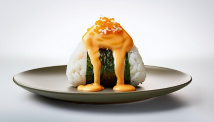 Wall Mural - Onigiri with cheese sauce on white background isolated