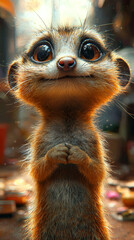 A cute meerkat with big, brown eyes looks up at the camera with a sweet expression.