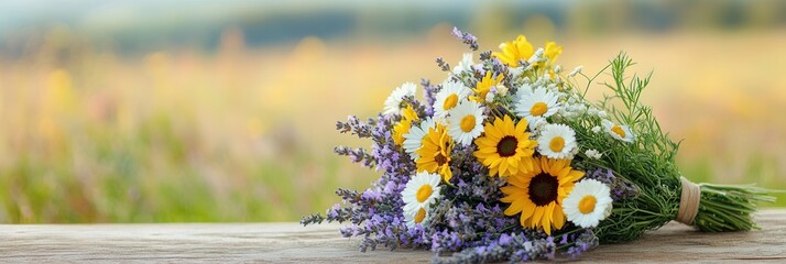 Fototapete - A colorful arrangement of sunflowers, daisies, and lavender captures the beauty of summer in a rustic outdoor location. Generative AI