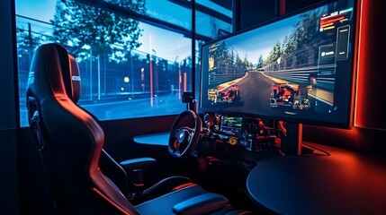 Immersive Racing Simulation on High-End Gaming Setup in Modern Workspace