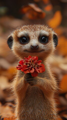 Wall Mural - A cute meerkat holding a red flower, looking directly at the camera.