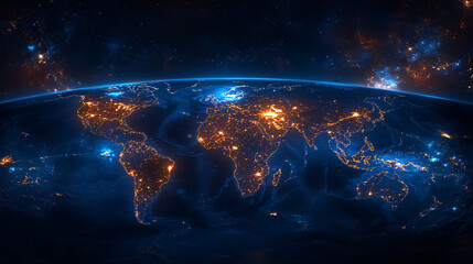 A captivating glow of the global network light illuminates the blue world map, symbolizing connectivity and exploration. Suitable for technology, travel, and globalization concepts.