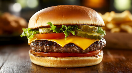 cheeseburger featuring a perfectly cooked beef patty with sharp cheddar, crisp lettuce, fresh tomato, and tangy pickles on a toasted bun