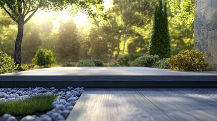 Sticker - Wooden Deck Platform in a Sunny Garden Setting