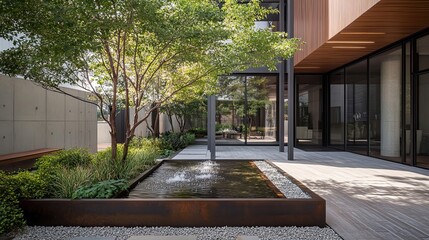 Wall Mural - Modern Courtyard with Water Feature and Lush Greenery