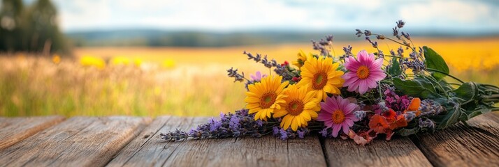 Wall Mural - A beautiful arrangement of wildflowers, including sunflowers, daisies, and lavender, lies on a rustic wooden surface in nature. Generative AI