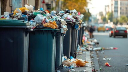 garbage spilling from overflowing bins in a busy area, photorealistic, urban litter problem, environ