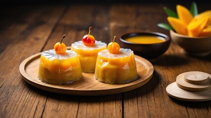 Wall Mural - chinese dim sum dish mango pudding isolated on an aesthetic plating, concept for advertisement background