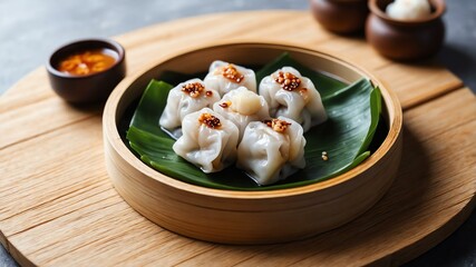 Wall Mural - chinese dim sum dish cheong fun isolated on a wooden plate, concept for advertisement background