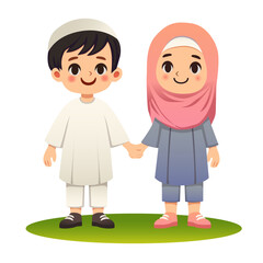 Vector cartoon style illustration. Happy Eid Al-Fitr. Muslim children boy and girl holding hands. 