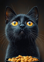 Poster - A black cat with bright yellow eyes stares longingly at a bowl of cat food.