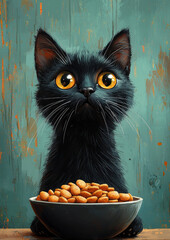 Poster - A black cat with big, yellow eyes stares up at the camera with a bowl of dry cat food in front of it.