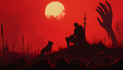 Silhouetted warrior and dog standing on a battlefield with a red sky and a skeletal hand in the background.