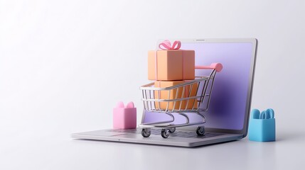 Wall Mural - A creative illustration of a shopping cart with gifts emerging from a laptop, symbolizing online shopping and e-commerce.