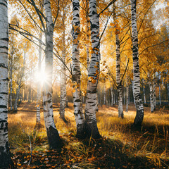 Birch forest in sunny afternoon while autumn season