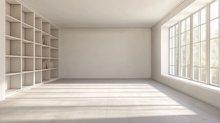 Canvas Print - Minimalist White Room with Bookshelf and Large Window