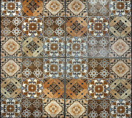 Series of random vintage heritage colonial tiles in white and blue pattern, heritage or old colonial tiles in different colors, geometric, and floral pattern. Seamless texture.