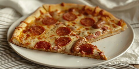 Wall Mural - Sausage-topped pizza slice on a white dish placed on a striped cloth.