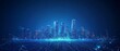 © adri - Futuristic city skyline with glowing digital lines in a blue background.