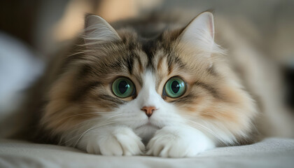 Close-up portrait of a fluffy cat with green eyes looking at the camera.