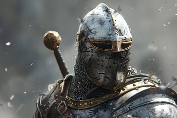 Medieval Knight Warrior: Majestic Soldier in Armor with Sword and Helmet