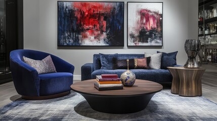 Modern living room interior with a blue couch, armchair, and coffee table, two abstract paintings on the wall, and a wooden side table with a vase.