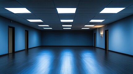 Poster - Empty Hallway with Blue Walls and Fluorescent Lights