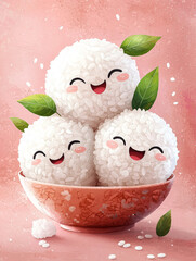 Wall Mural - Three adorable rice balls with happy faces, nestled in a bowl, ready for a yummy snack!