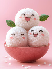 Wall Mural - Three rice balls with happy faces are nestled together in a pink bowl against a pink background.