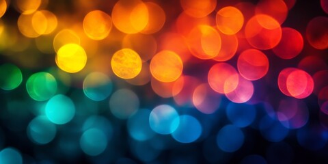 abstract background with colorful bokeh lights in a gradient from yellow to blue.