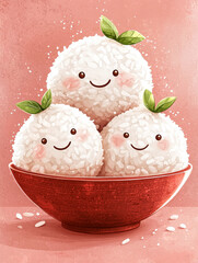 Sticker - Three cute rice balls with happy faces, served in a red bowl.  A perfect illustration for a food blog or recipe.