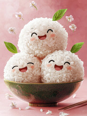 Wall Mural - Three adorable rice balls with happy faces sit in a green bowl.