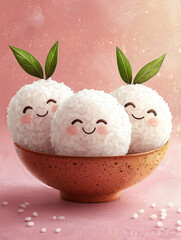 Wall Mural - Three adorable rice balls with happy faces, topped with green leaves, sit in a brown bowl on a pink background.