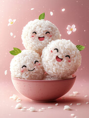 Wall Mural - Three adorable rice balls with happy faces,  in a pink bowl, surrounded by pink blossoms.