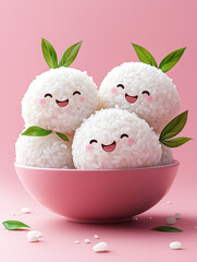 Wall Mural - Smiling rice balls with green leaves in a pink bowl.