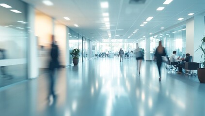 Wall Mural - Blurred view of people walking through a modern office hallway.