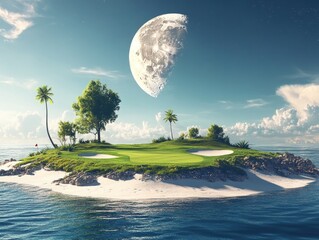Wall Mural - golf course at night with moon